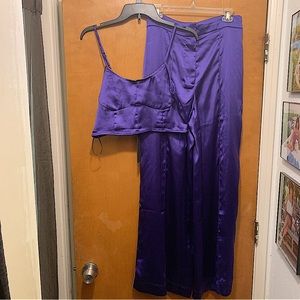 NEW House of Harlow 1960 purple satin rhinestone wide leg pants & crop top set M